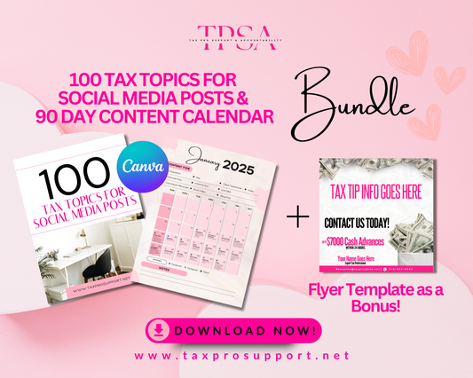 100 TAX TOPICS FOR SOCIAL MEDIA POSTS & 90 day CONTENT CALENDAR Bundle